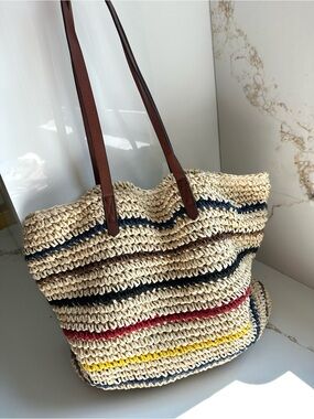 Joe Fresh striped raffia woven straw bag